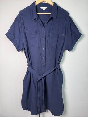 Weatherproof Vintage Navy Cotton Gauze Belted Shirtdress Coastal Cottagecore L